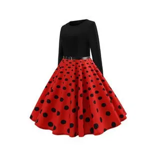 Women Fascinating Polka Doted Long Sleeve Round Neck Appealing Party Evening Skirt Dress - C3864ZWD