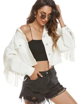 Women Fringed Denim Cropped Jacket for Daily Wear