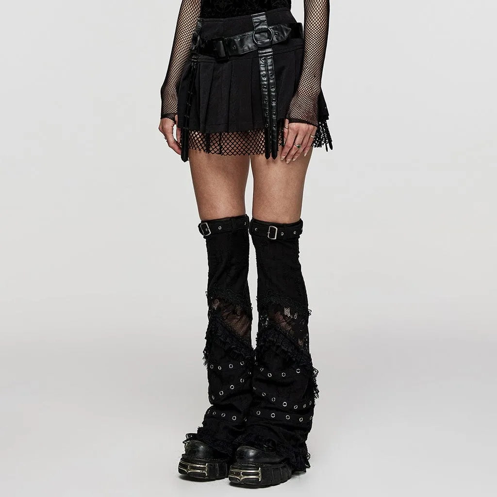 Women's Punk Mesh Splice Straps Pleated Skirt