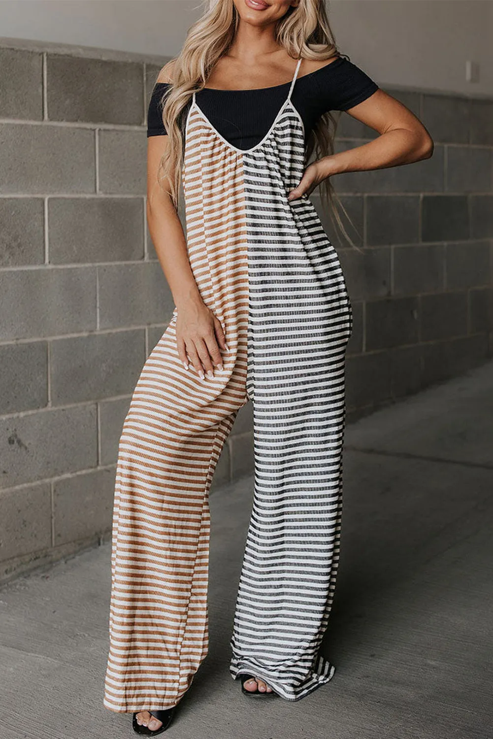 Yellow Stripe Color Block Spaghetti Strap Backless Overall