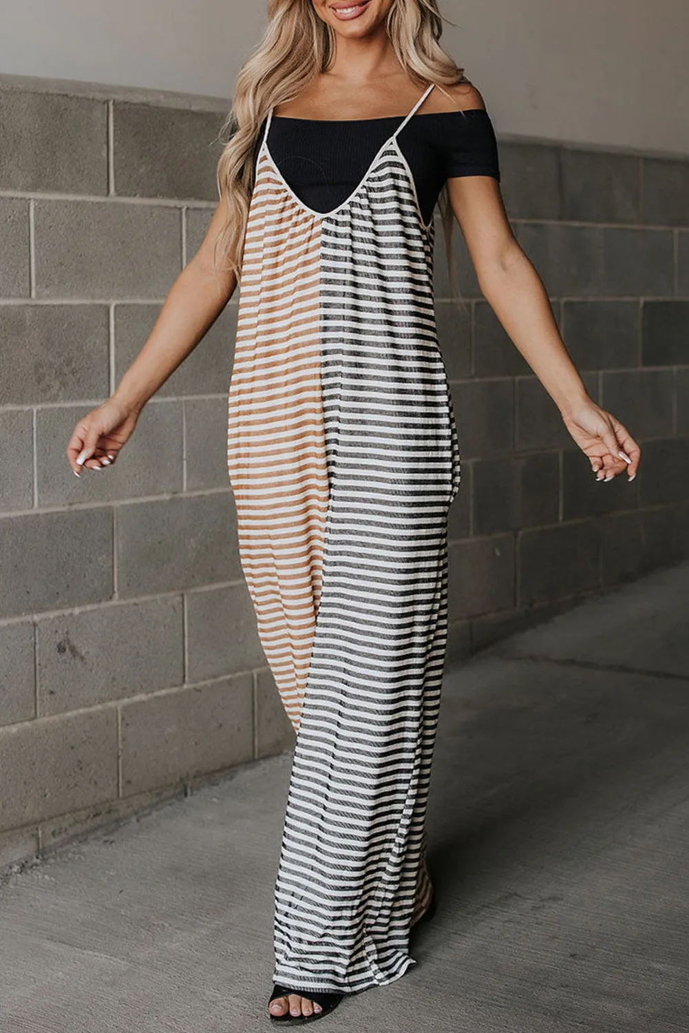 Yellow Stripe Color Block Spaghetti Strap Backless Overall