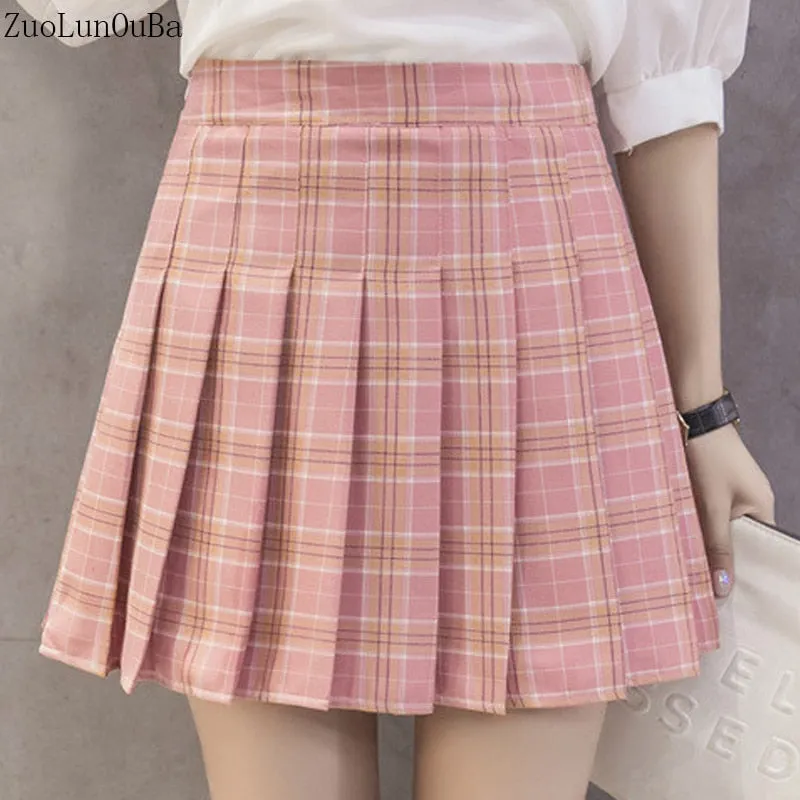 ZuoLunOuBa Tennis Skirt Women 2018 Korean Version New High Waist Half Short Skirt College Wind A Word Lattice Pleated Skirt Tutu